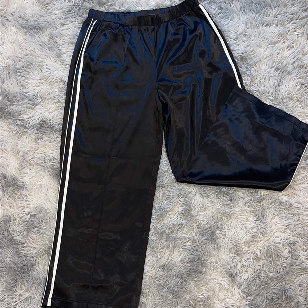 Women's Black Wide Leg Pants with White Stripes